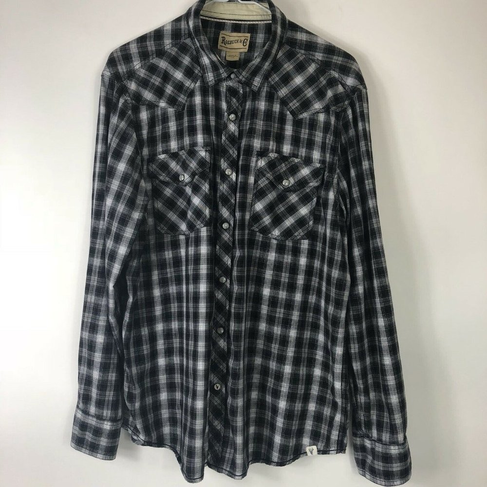 Vtg Roebuck Company Plaid Pearl Snap Shirt Mn Sz L